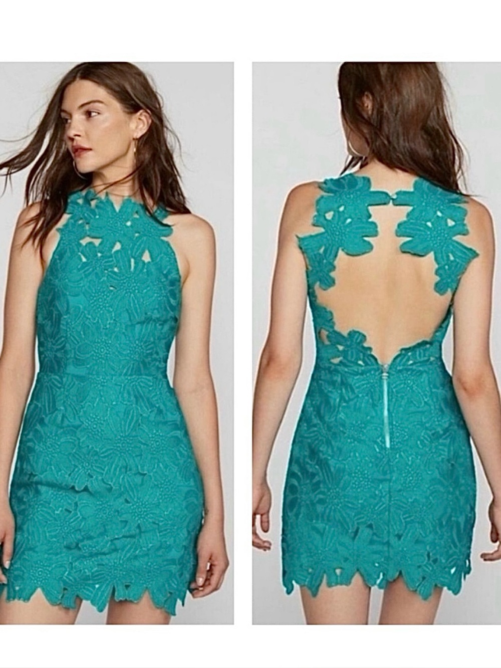 Free People X SAYLOR Jessa Foil Lace Mini Dress L Teal Open Back Coquette Chic